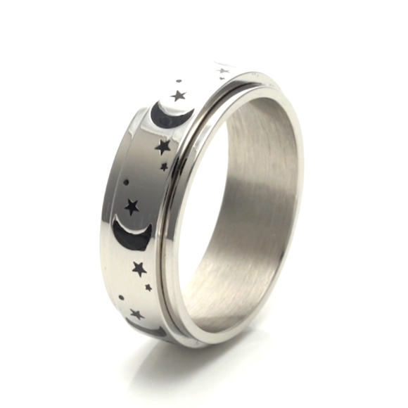 Moon & Stars Ring. Spinner Fidget Stress Buster. Stainless Steel. Sz 14 - Picture 4 of 5